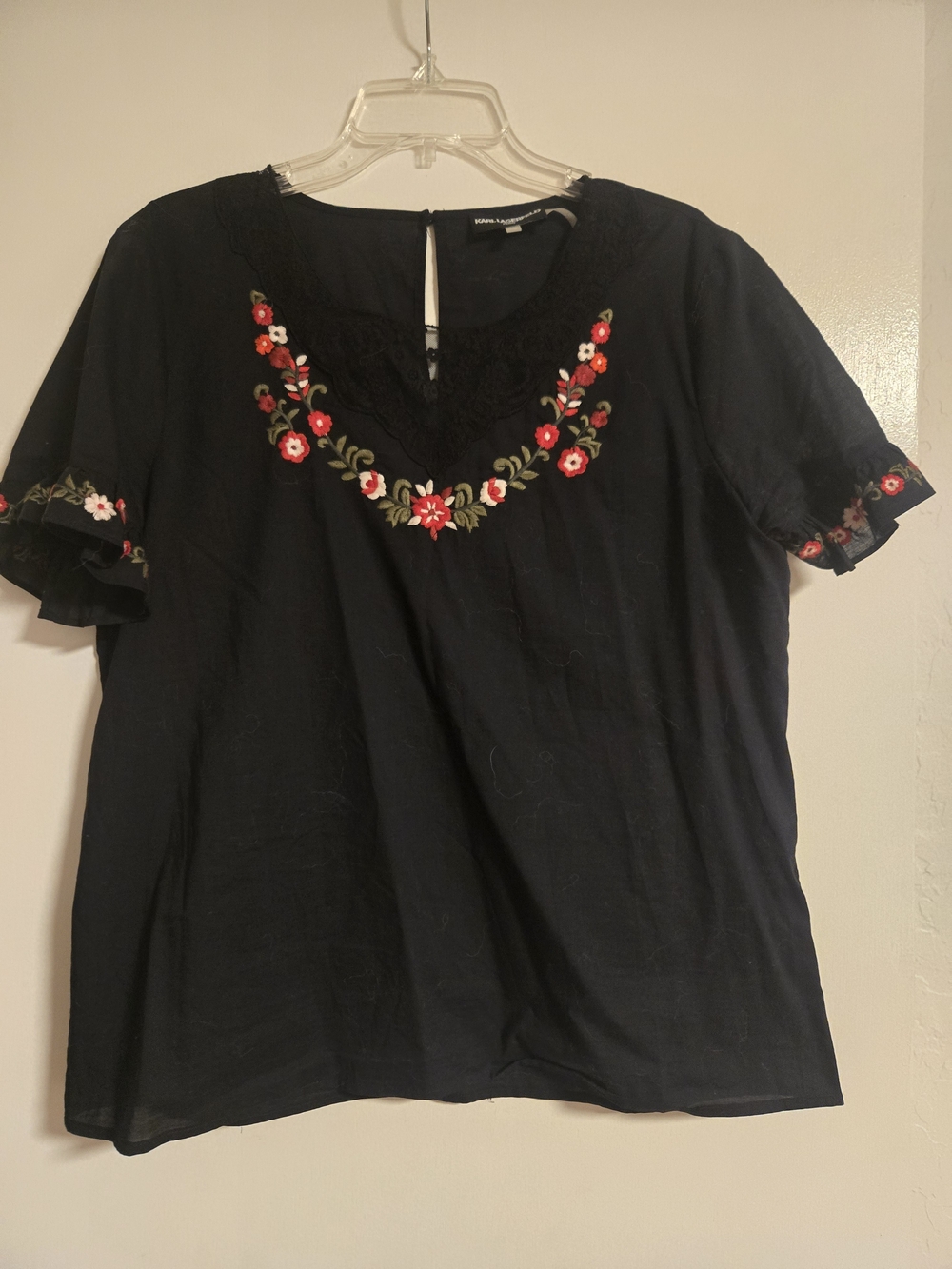 Karl Lagerfeld Black Top with Red & White Floral Embroidery